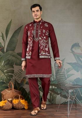Maroon Embroidered Viscose Silk Nehru Jacket Set For Men