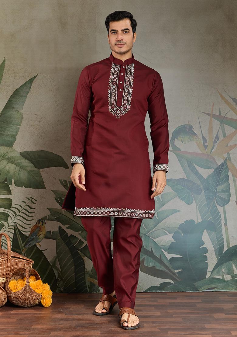 Maroon Embroidered Viscose Silk Nehru Jacket Set For Men