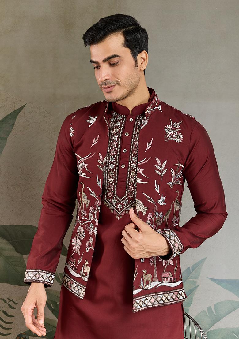 Maroon Embroidered Viscose Silk Nehru Jacket Set For Men