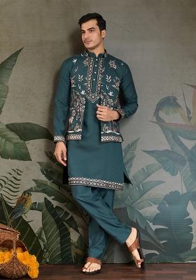 Green Embroidered Viscose Silk Nehru Jacket Set For Men