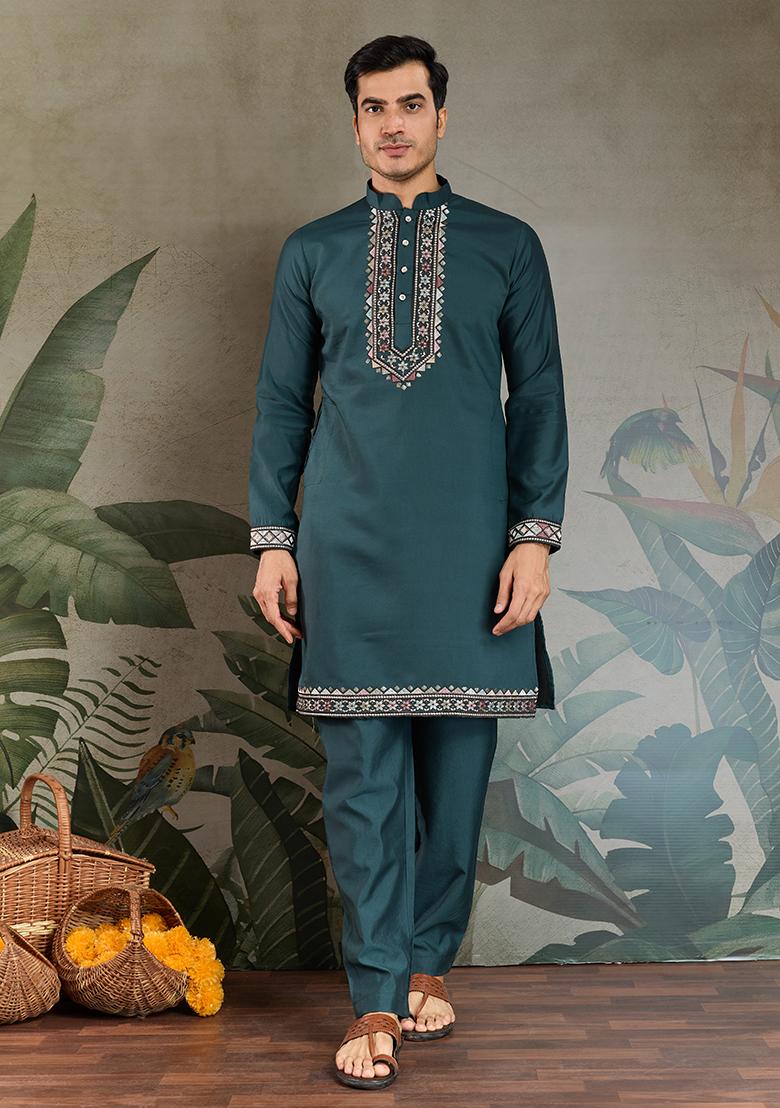 Green Embroidered Viscose Silk Nehru Jacket Set For Men