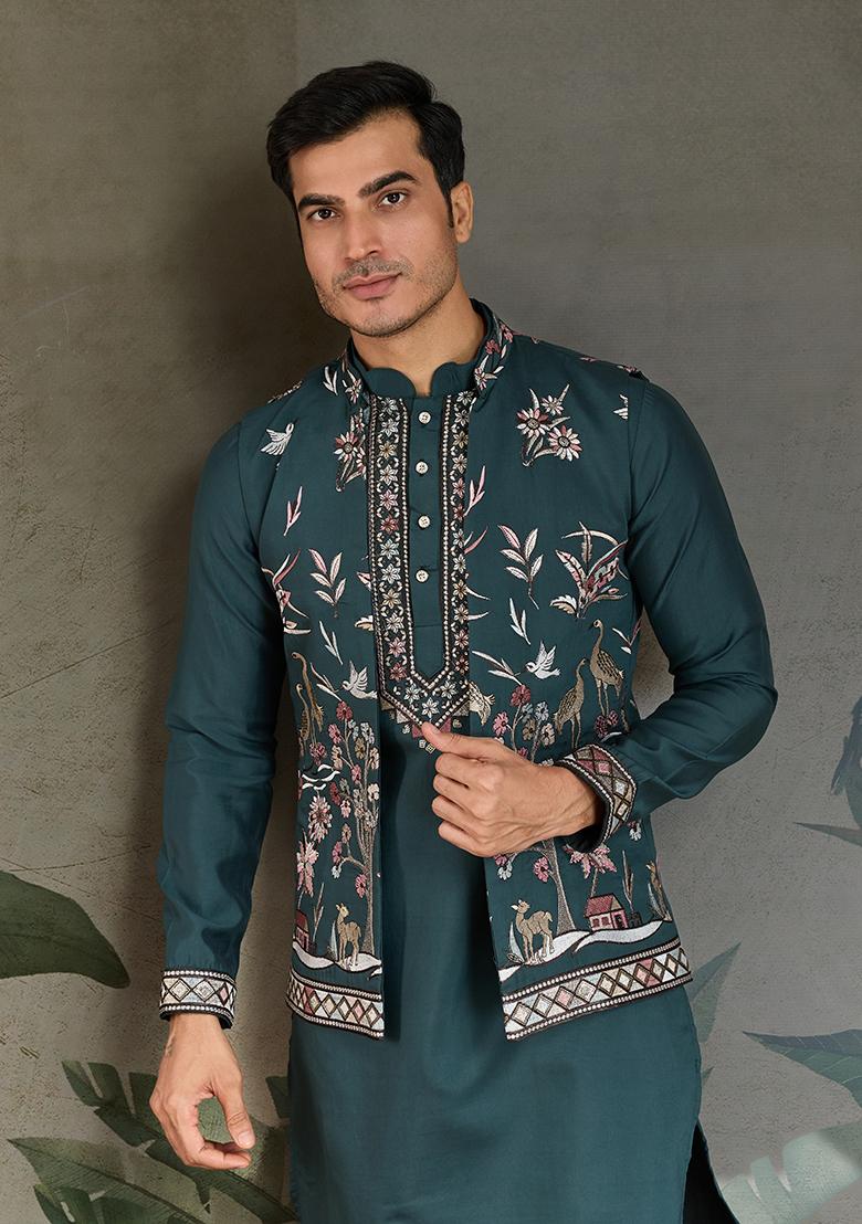Green Embroidered Viscose Silk Nehru Jacket Set For Men