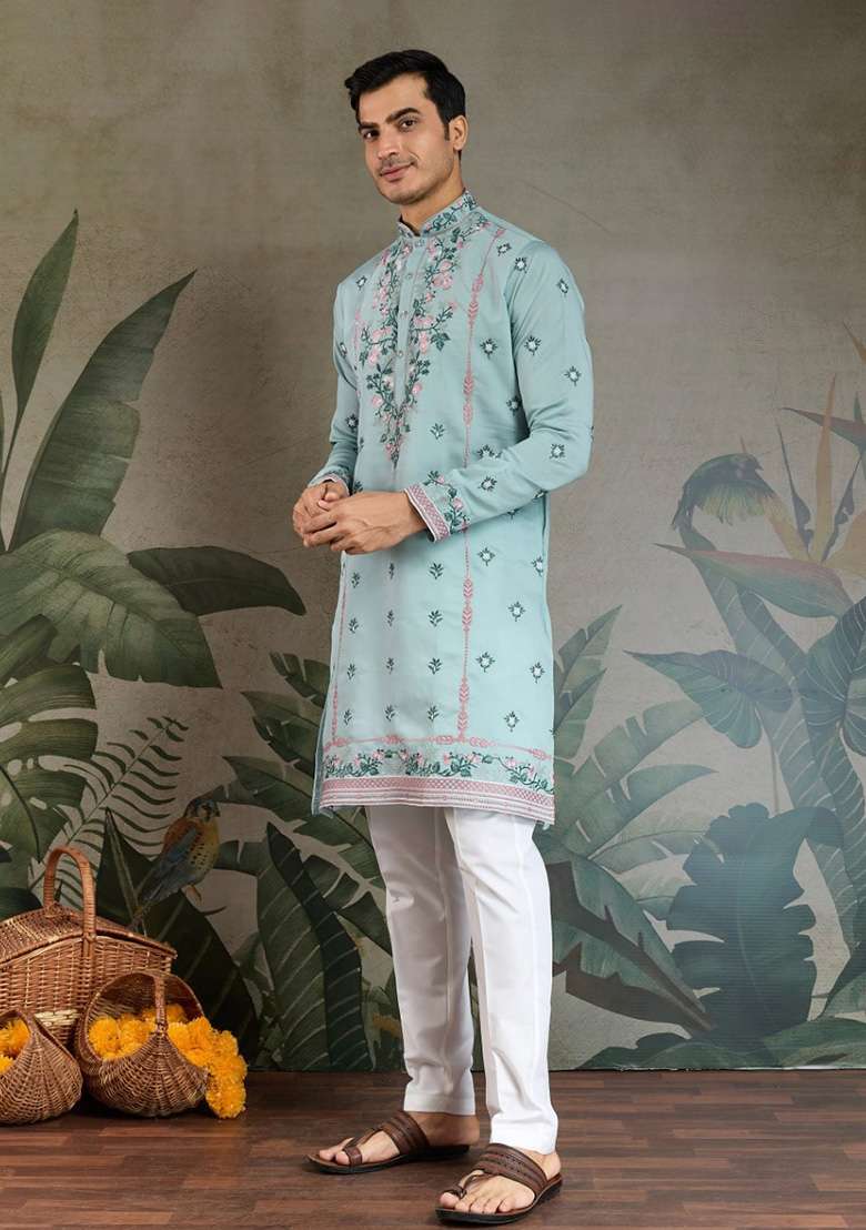 Sky Blue Embroidered Viscose Silk Kurta Set For Men - Indya