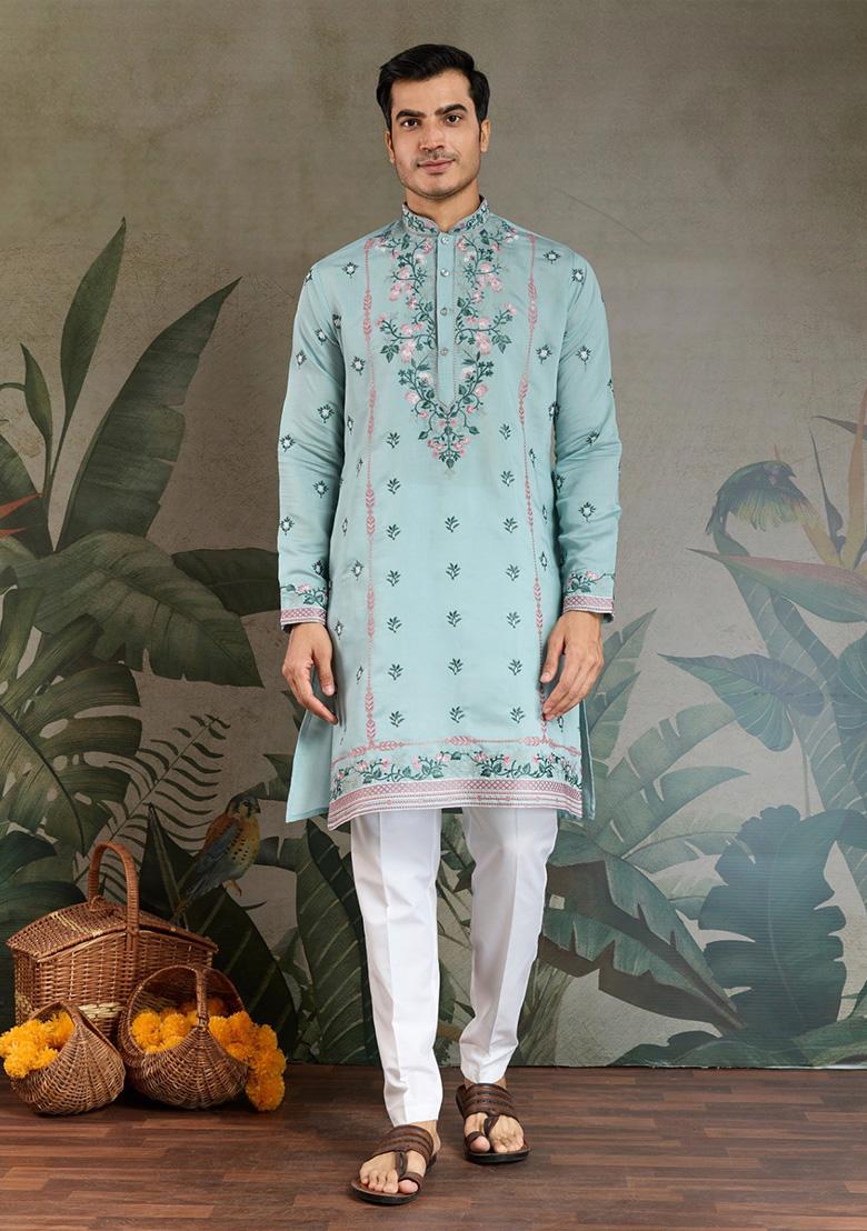 Sky Blue Embroidered Viscose Silk Kurta Set For Men