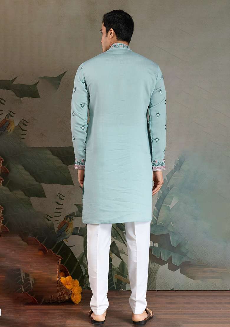 Sky Blue Embroidered Viscose Silk Kurta Set For Men - Indya