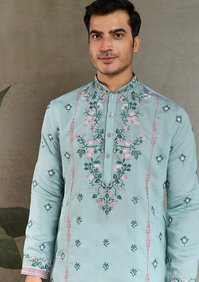 Sky Blue Embroidered Viscose Silk Kurta Set For Men