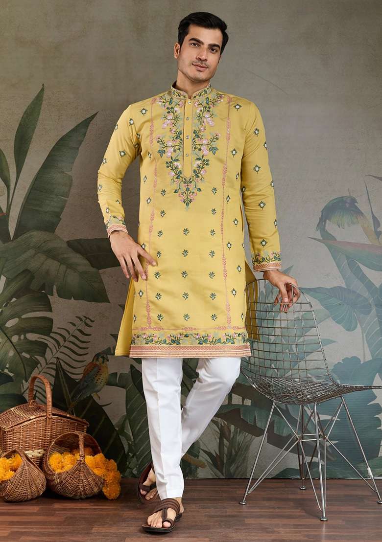 Yellow Embroidered Viscose Silk Kurta Set For Men - Indya