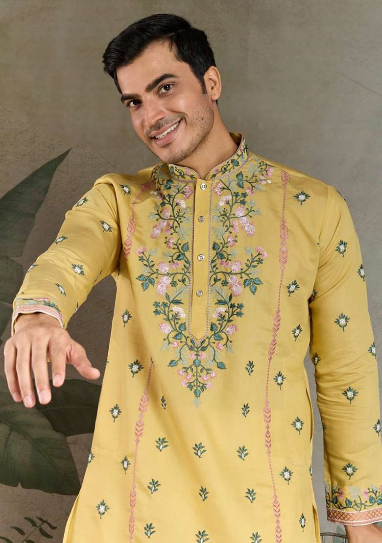 Yellow Embroidered Viscose Silk Kurta Set For Men - Indya