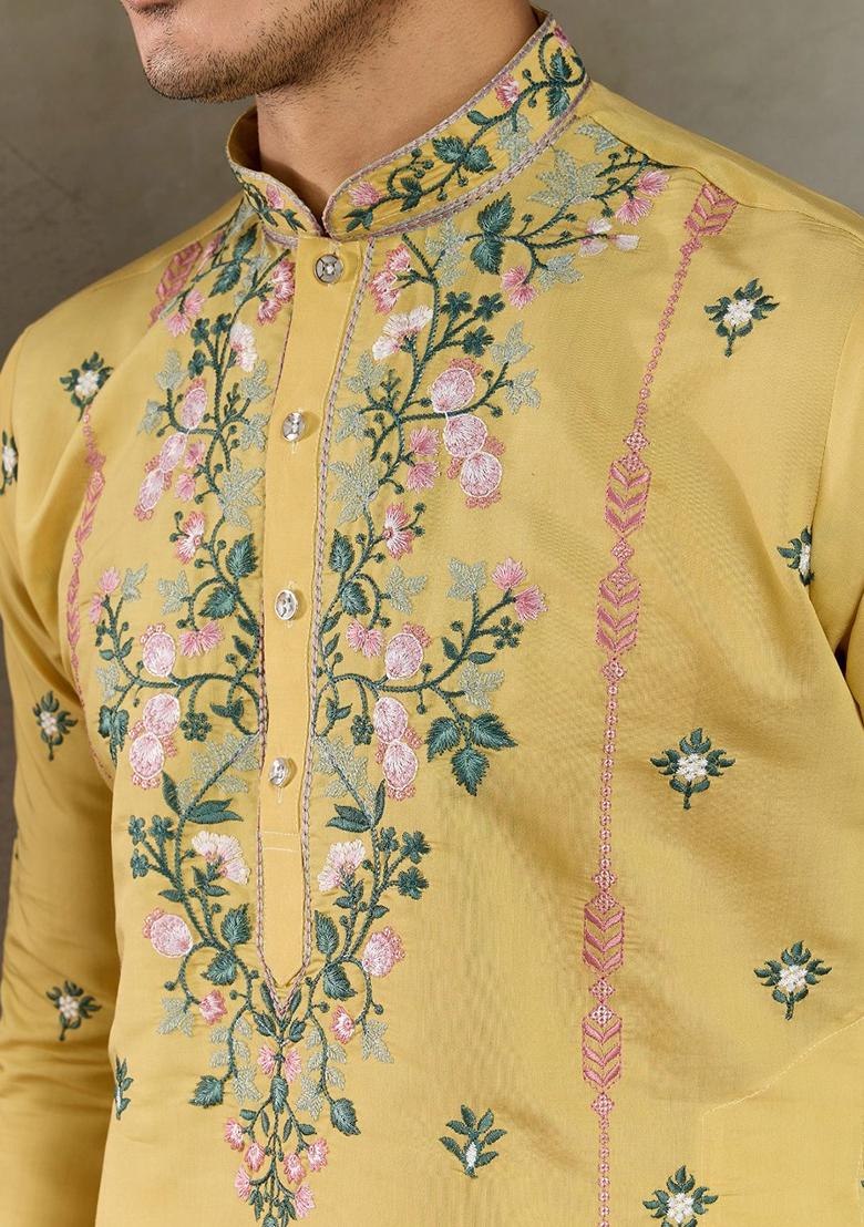 Yellow Embroidered Viscose Silk Kurta Set For Men