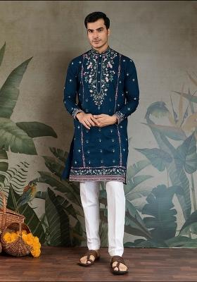Teal Blue Embroidered Viscose Silk Kurta Set For Men