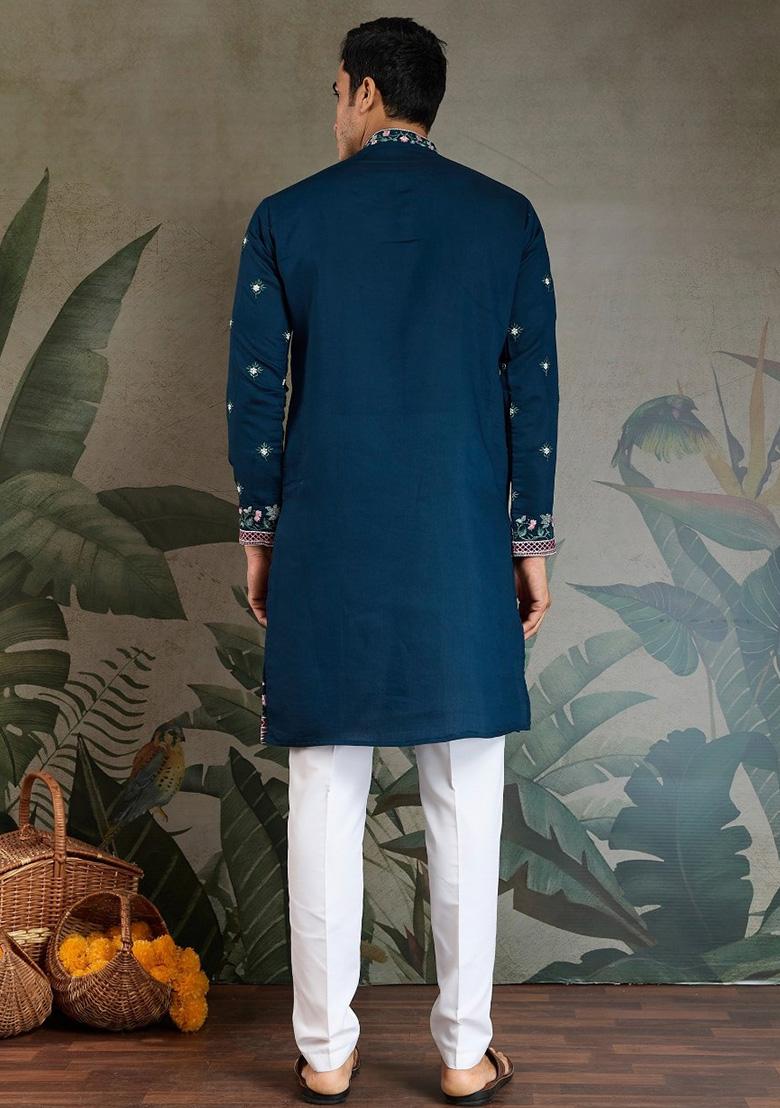Teal Blue Embroidered Viscose Silk Kurta Set For Men