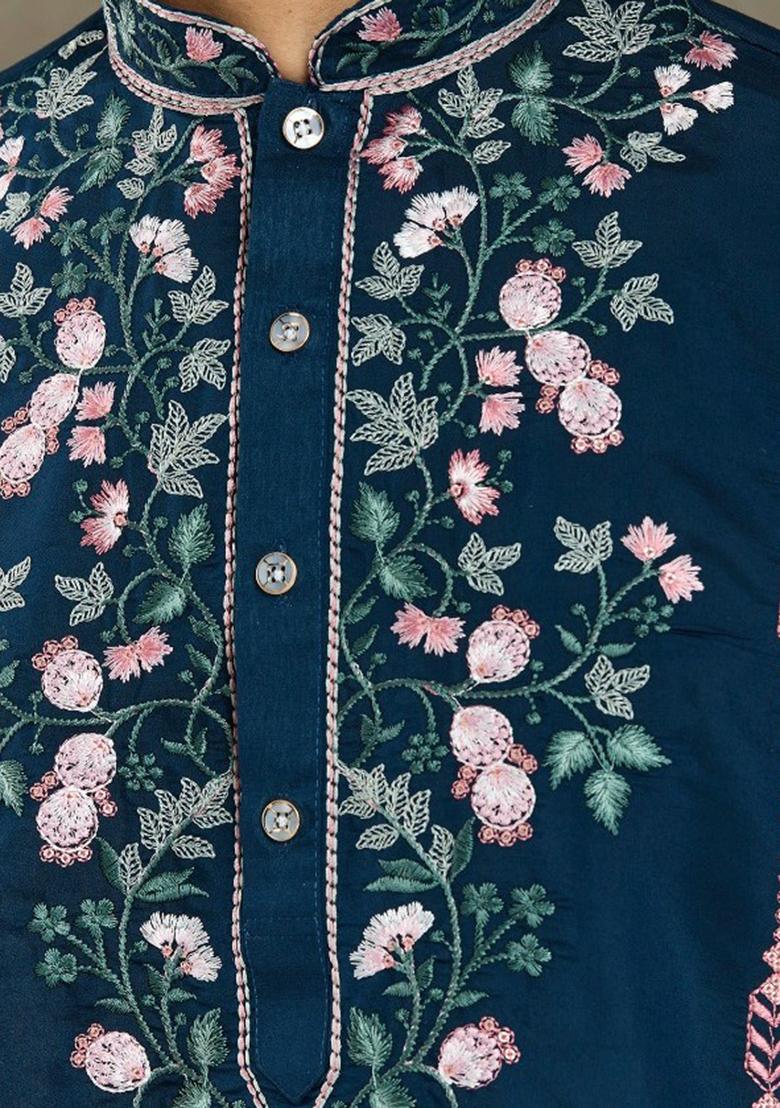 Teal Blue Embroidered Viscose Silk Kurta Set For Men