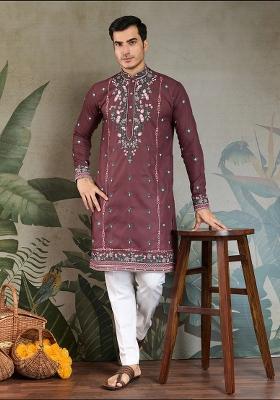 Pastel Chocolate Brown Embroidered Viscose Silk Kurta Set For Men