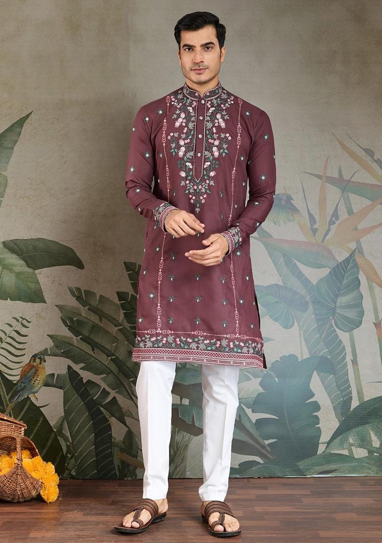 Pastel Chocolate Brown Embroidered Viscose Silk Kurta Set For Men
