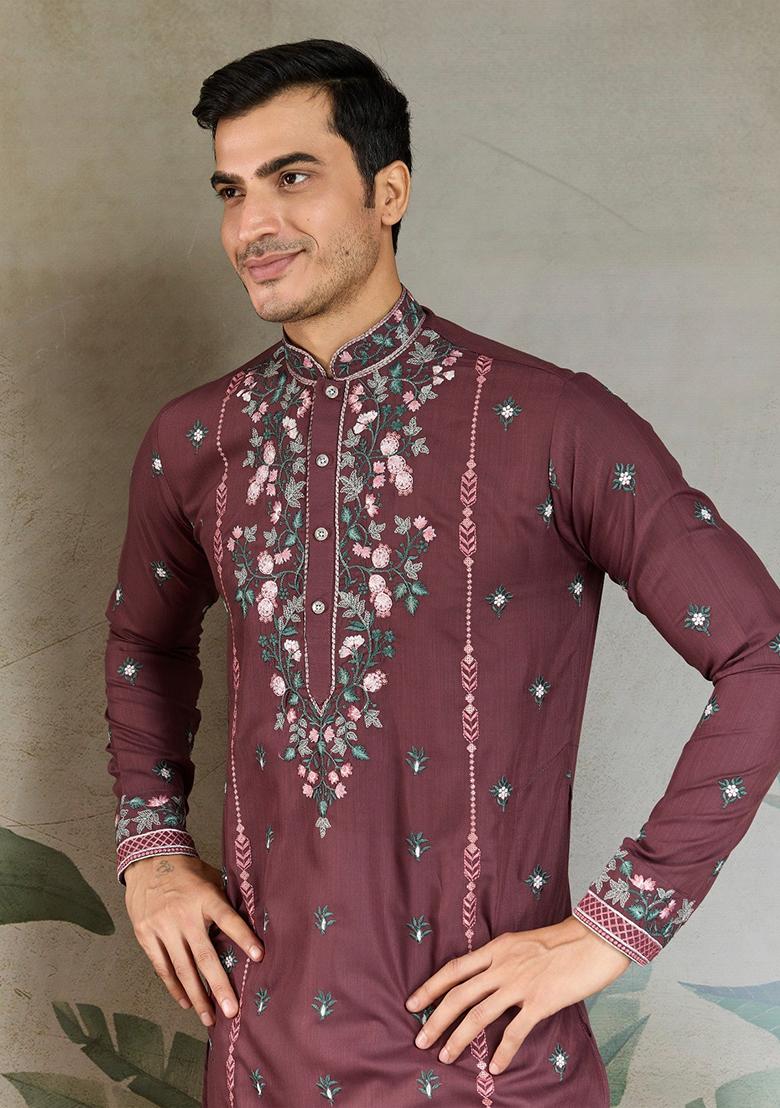 Pastel Chocolate Brown Embroidered Viscose Silk Kurta Set For Men