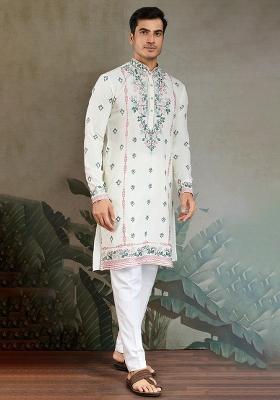 White Embroidered Viscose Silk Kurta Set For Men