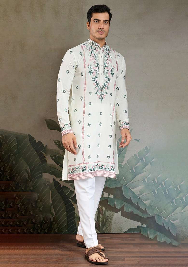 White Embroidered Viscose Silk Kurta Set For Men - Indya