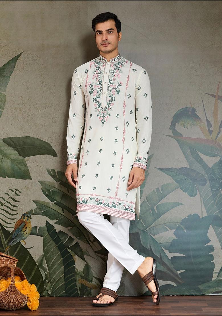 White Embroidered Viscose Silk Kurta Set For Men