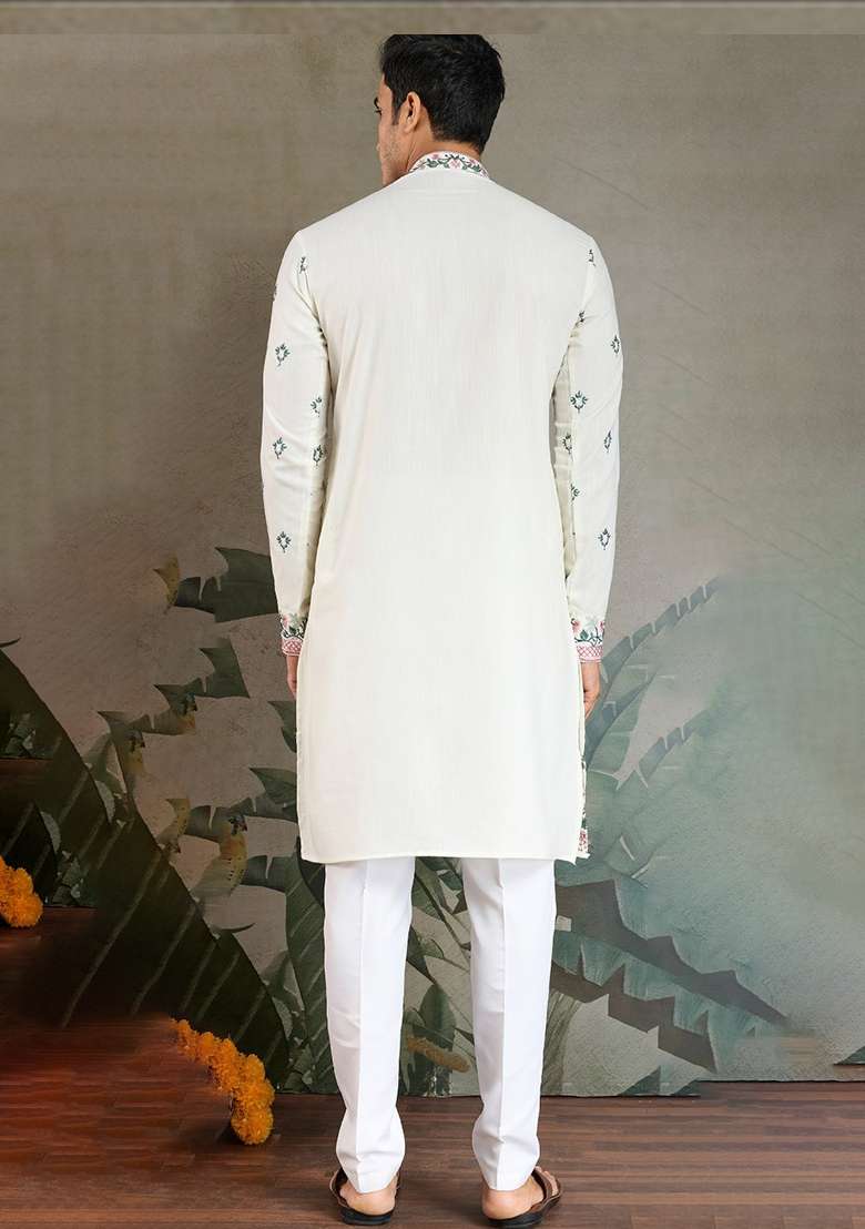 White Embroidered Viscose Silk Kurta Set For Men - Indya