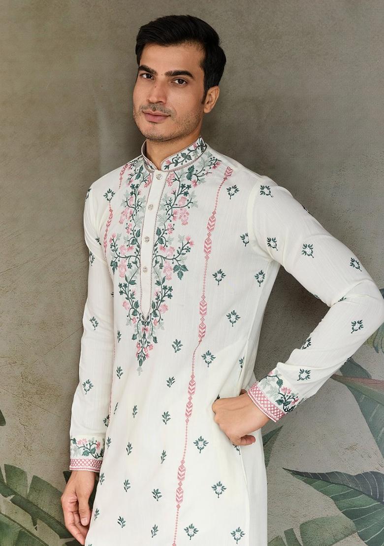 White Embroidered Viscose Silk Kurta Set For Men