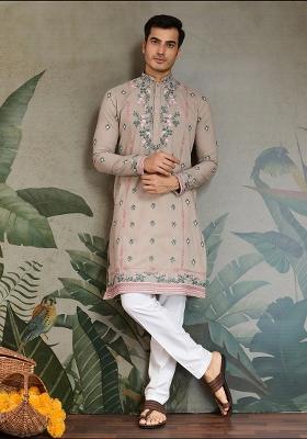 Ivory Embroidered Viscose Silk Kurta Set For Men