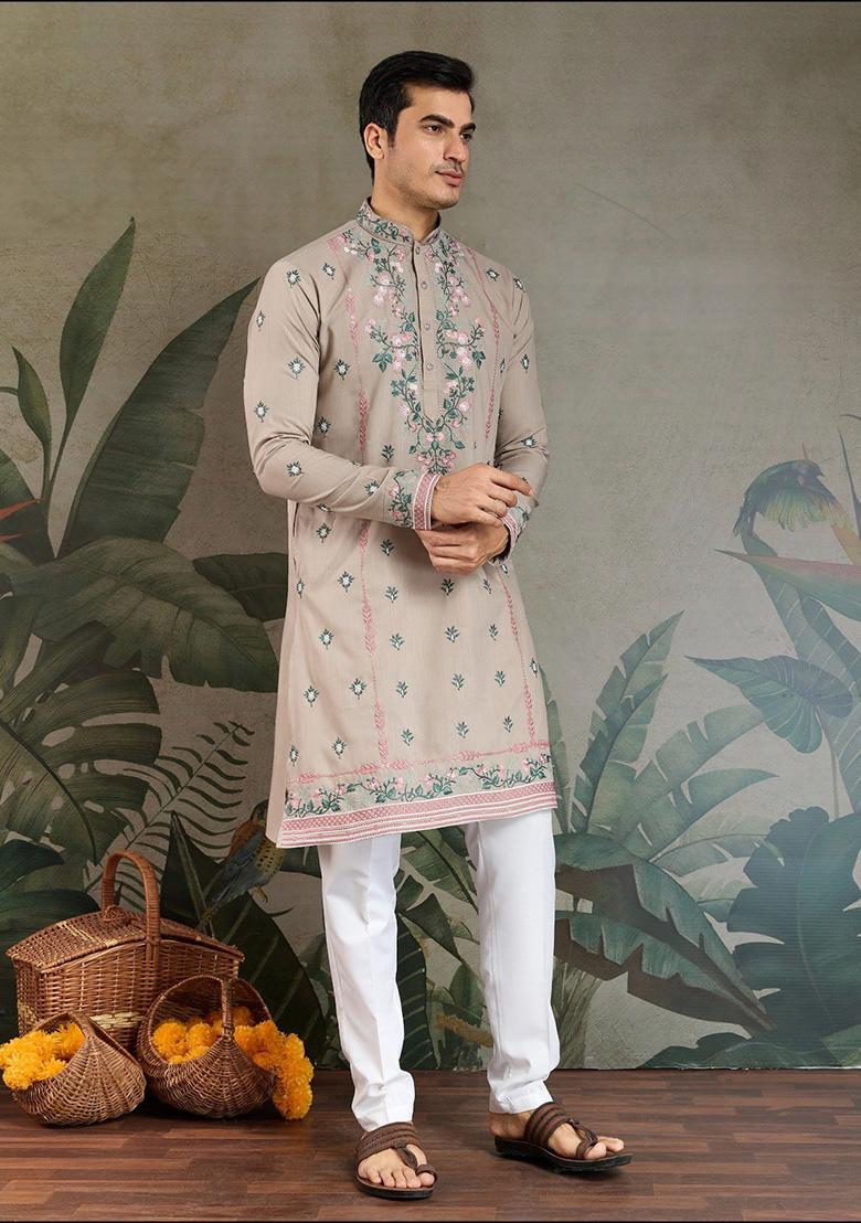 Ivory Embroidered Viscose Silk Kurta Set For Men