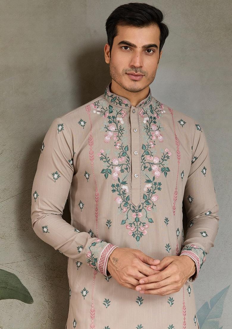 Ivory Embroidered Viscose Silk Kurta Set For Men