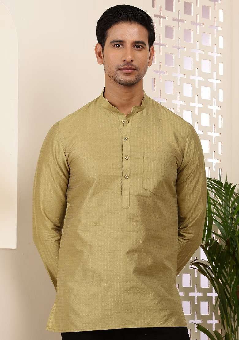Olive Gold Textured Viscose Kurta For Men - Indya