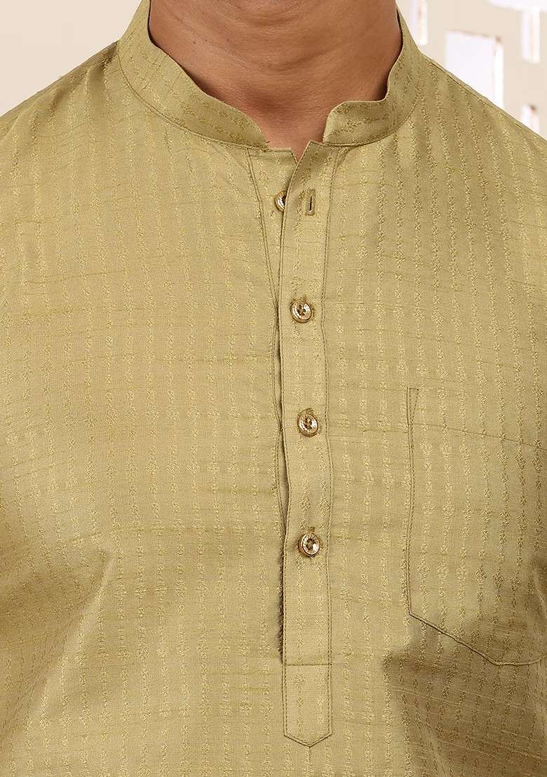 Olive Gold Textured Viscose Kurta For Men - Indya