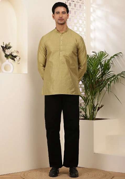 Olive Gold Textured Viscose Kurta For Men