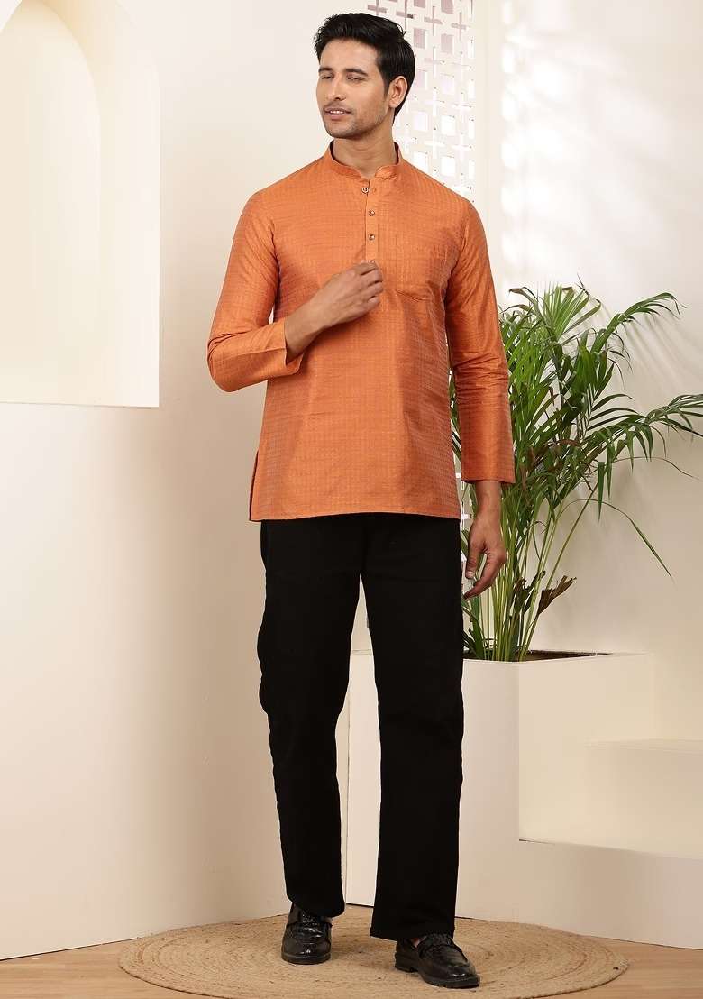 Rust Orange Textured Viscose Kurta For Men - Indya