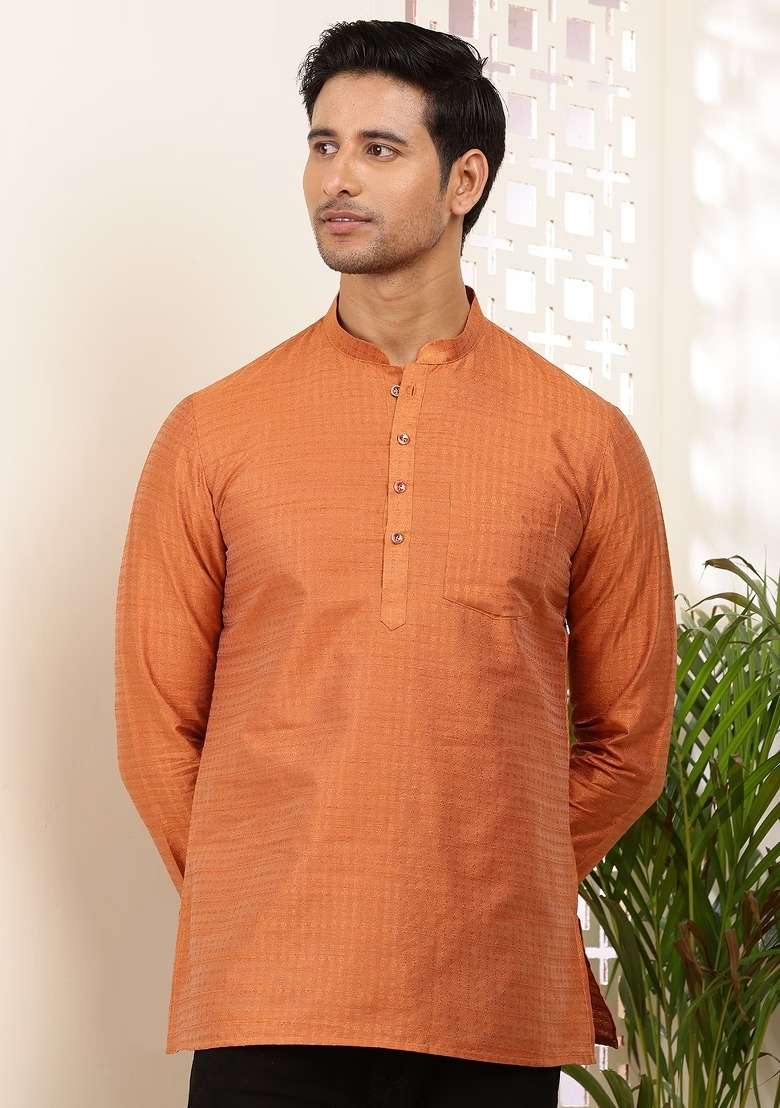 Rust Orange Textured Viscose Kurta For Men - Indya