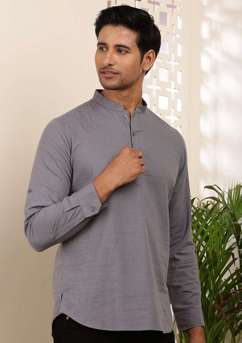 Grey Embroidered Cotton Kurta For Men - Indya