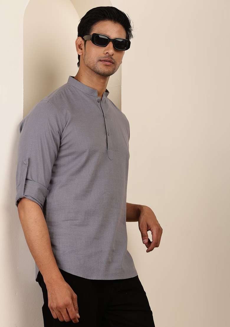 Grey Embroidered Cotton Kurta For Men - Indya