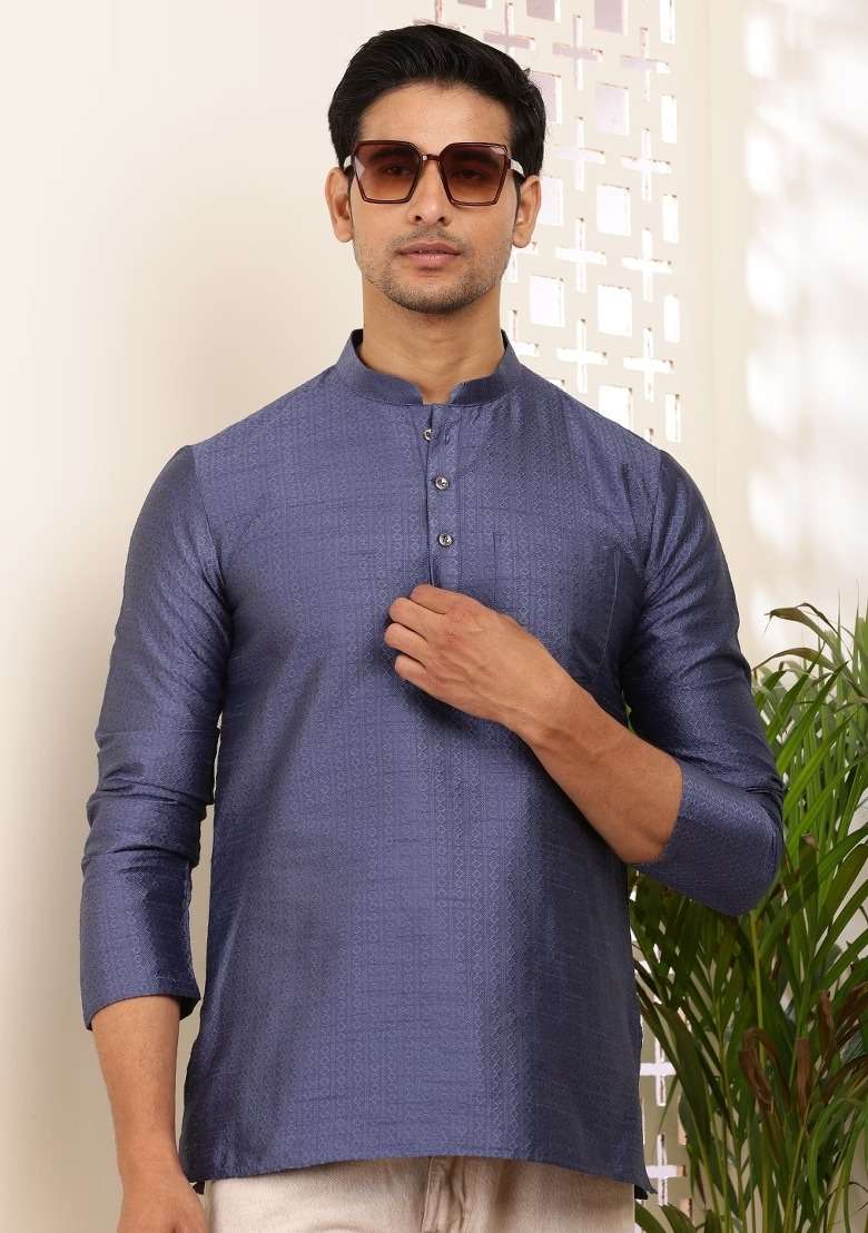 Navy Blue Embroidered Viscose Kurta For Men - Indya