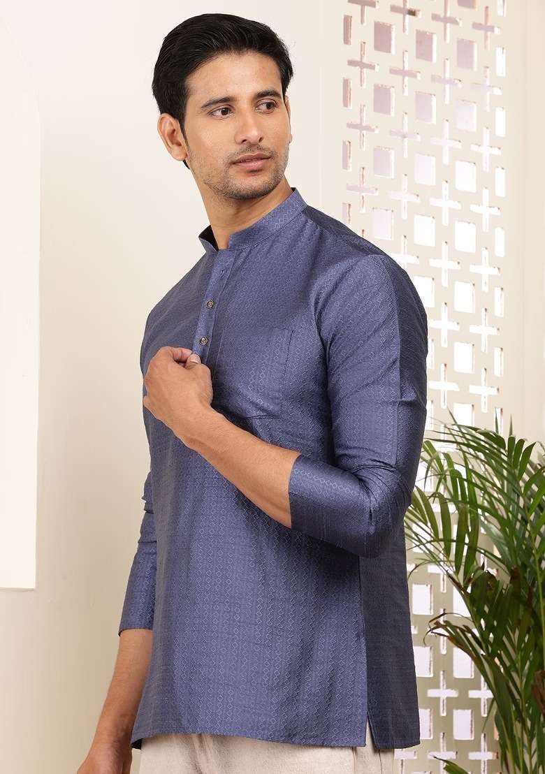 Navy Blue Embroidered Viscose Kurta For Men - Indya