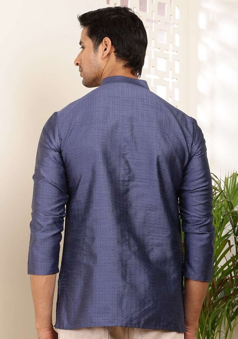 Navy Blue Embroidered Viscose Kurta For Men - Indya