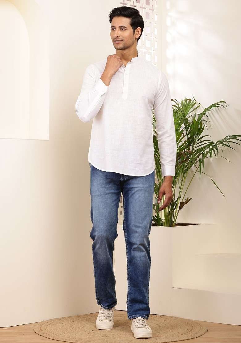 White Embroidered Cotton Kurta For Men - Indya