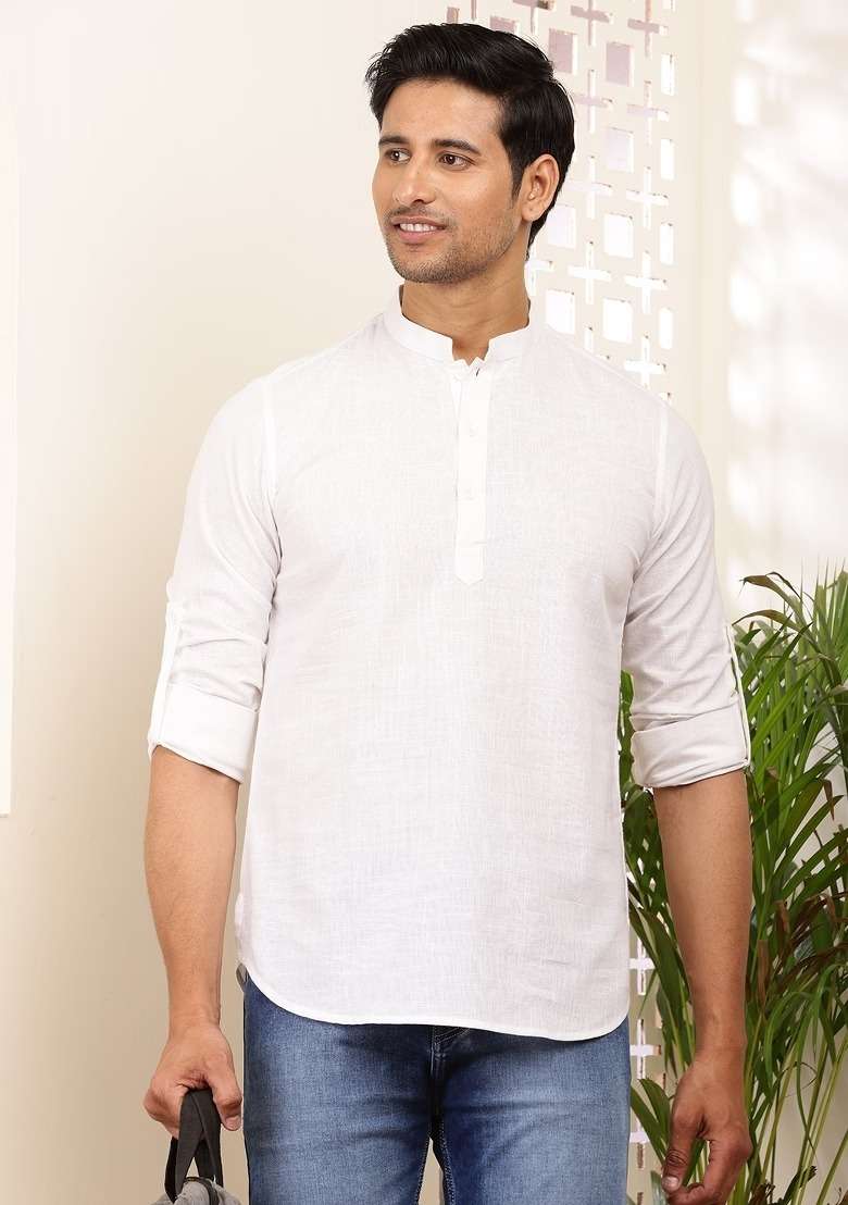 White Embroidered Cotton Kurta For Men - Indya