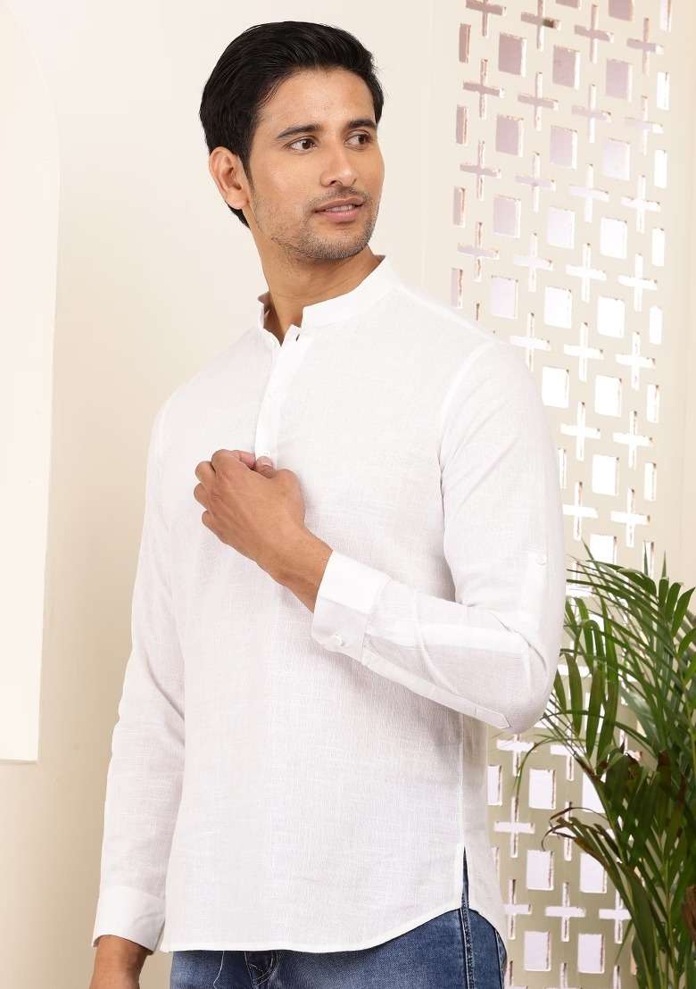 White Embroidered Cotton Kurta For Men - Indya