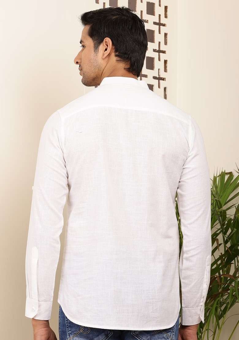 White Embroidered Cotton Kurta For Men - Indya