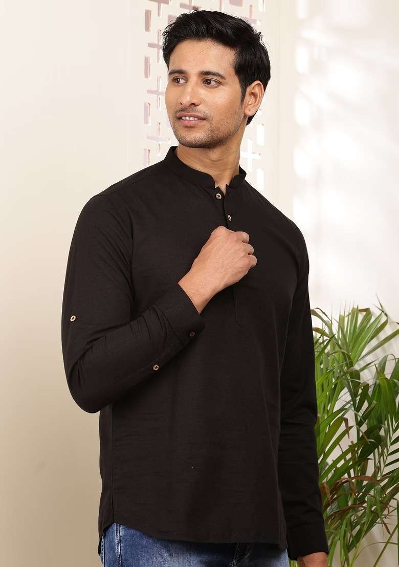 Black Embroidered Cotton Kurta For Men - Indya