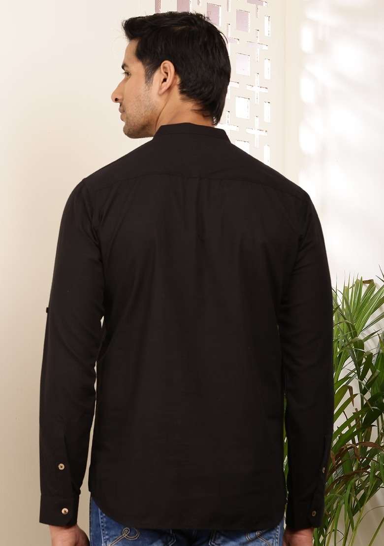 Black Embroidered Cotton Kurta For Men - Indya