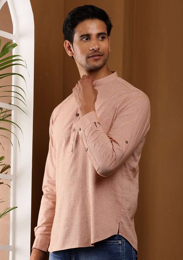 Peach Embroidered Cotton Kurta For Men - Indya