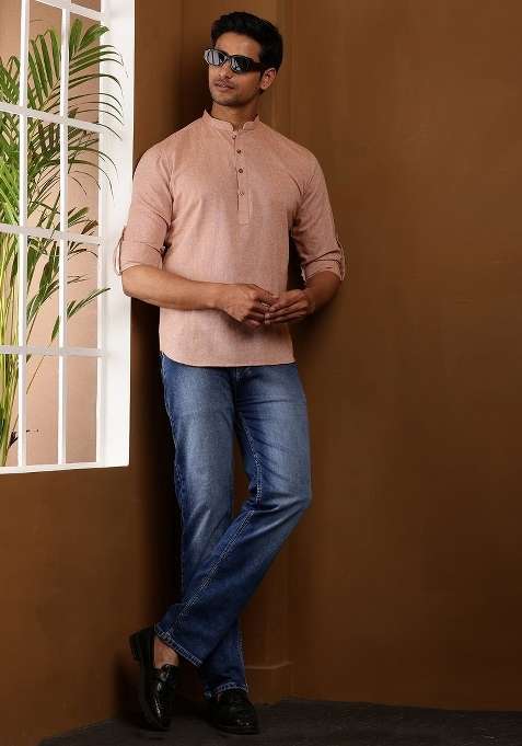 Peach Embroidered Cotton Kurta For Men