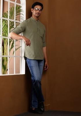 Olive Green Embroidered Cotton Kurta For Men