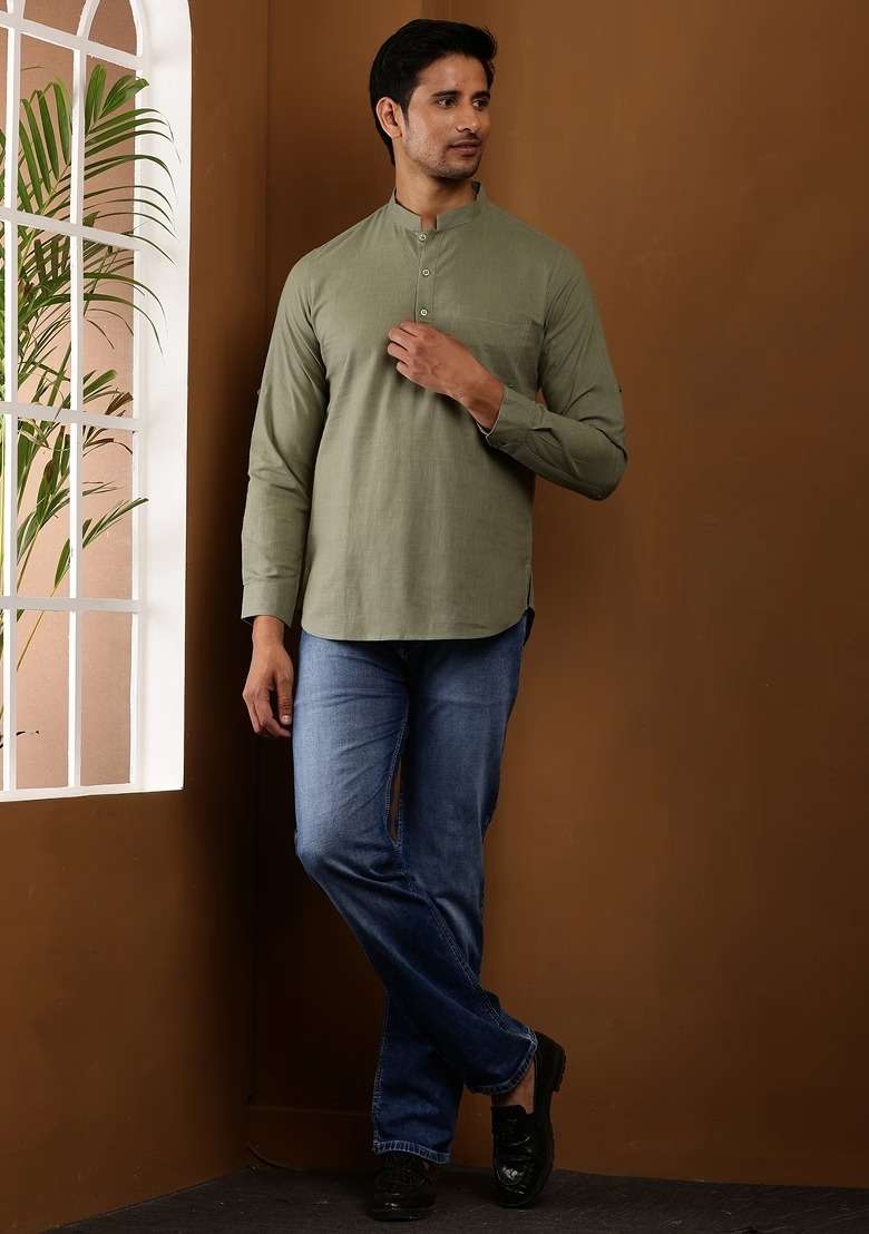 Olive Green Embroidered Cotton Kurta For Men - Indya