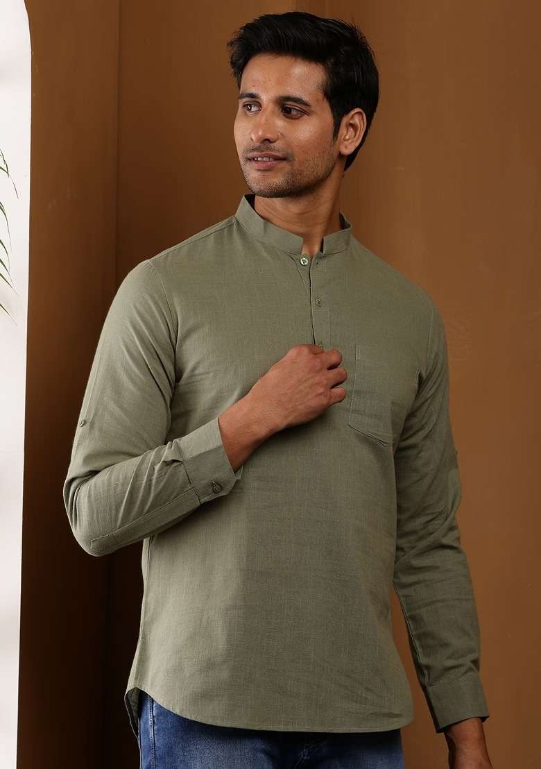 Olive Green Embroidered Cotton Kurta For Men - Indya