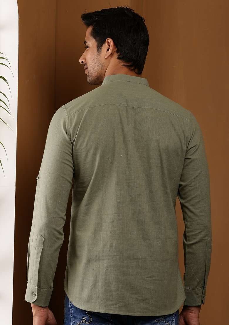 Olive Green Embroidered Cotton Kurta For Men - Indya