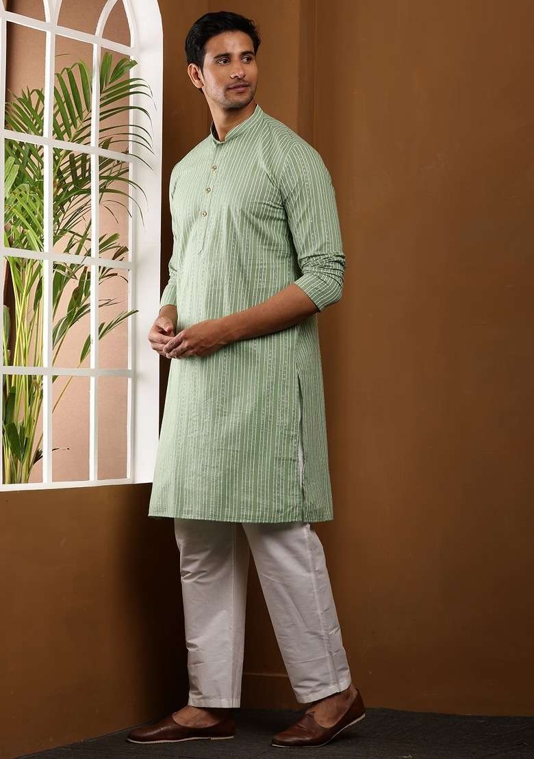 Light Green Printed Viscose Kurta For Men - Indya